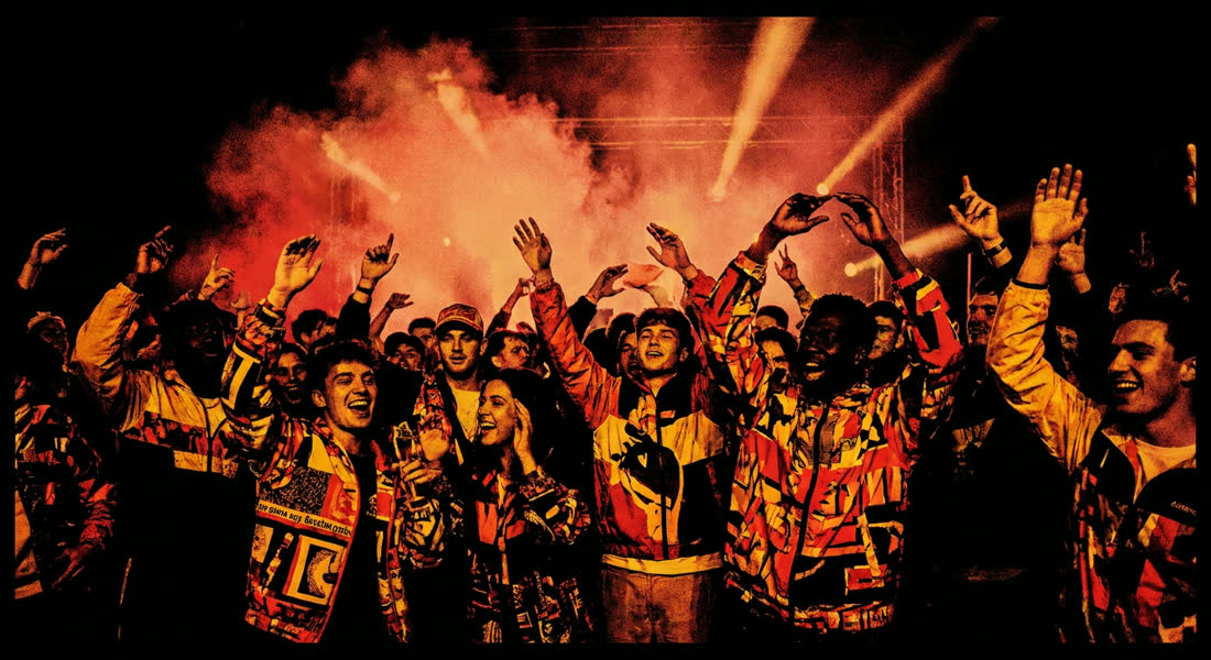 Crowd with hands up under stage light