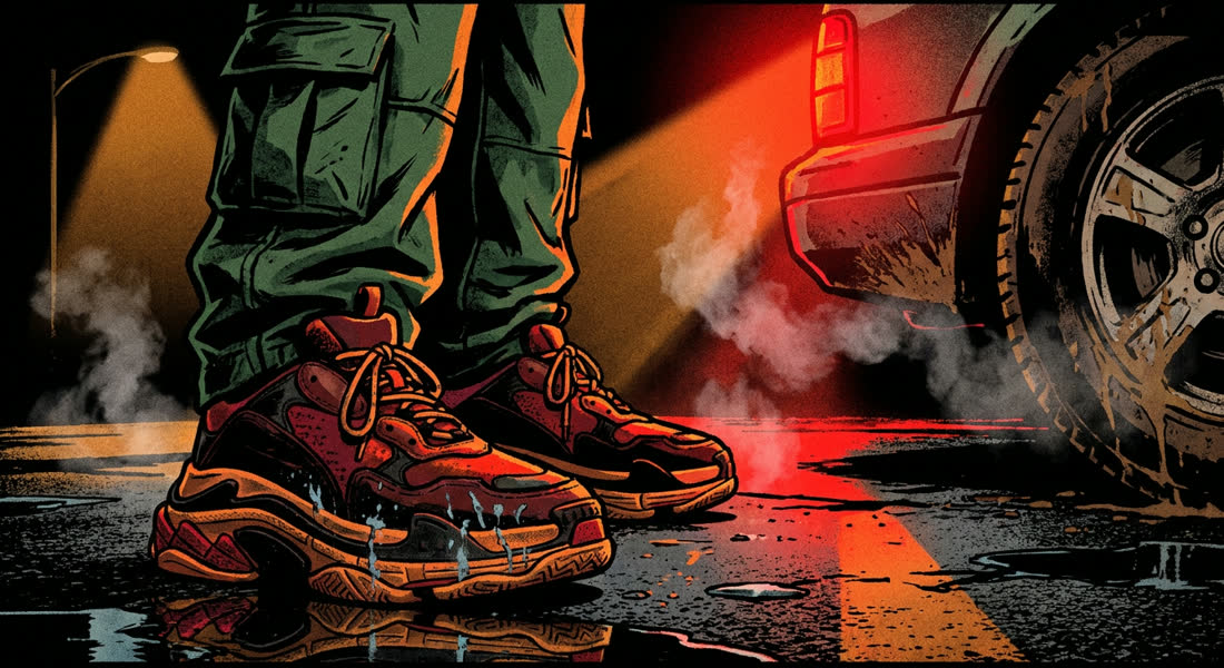 Sneakers on wet asphalt beside a car wheel